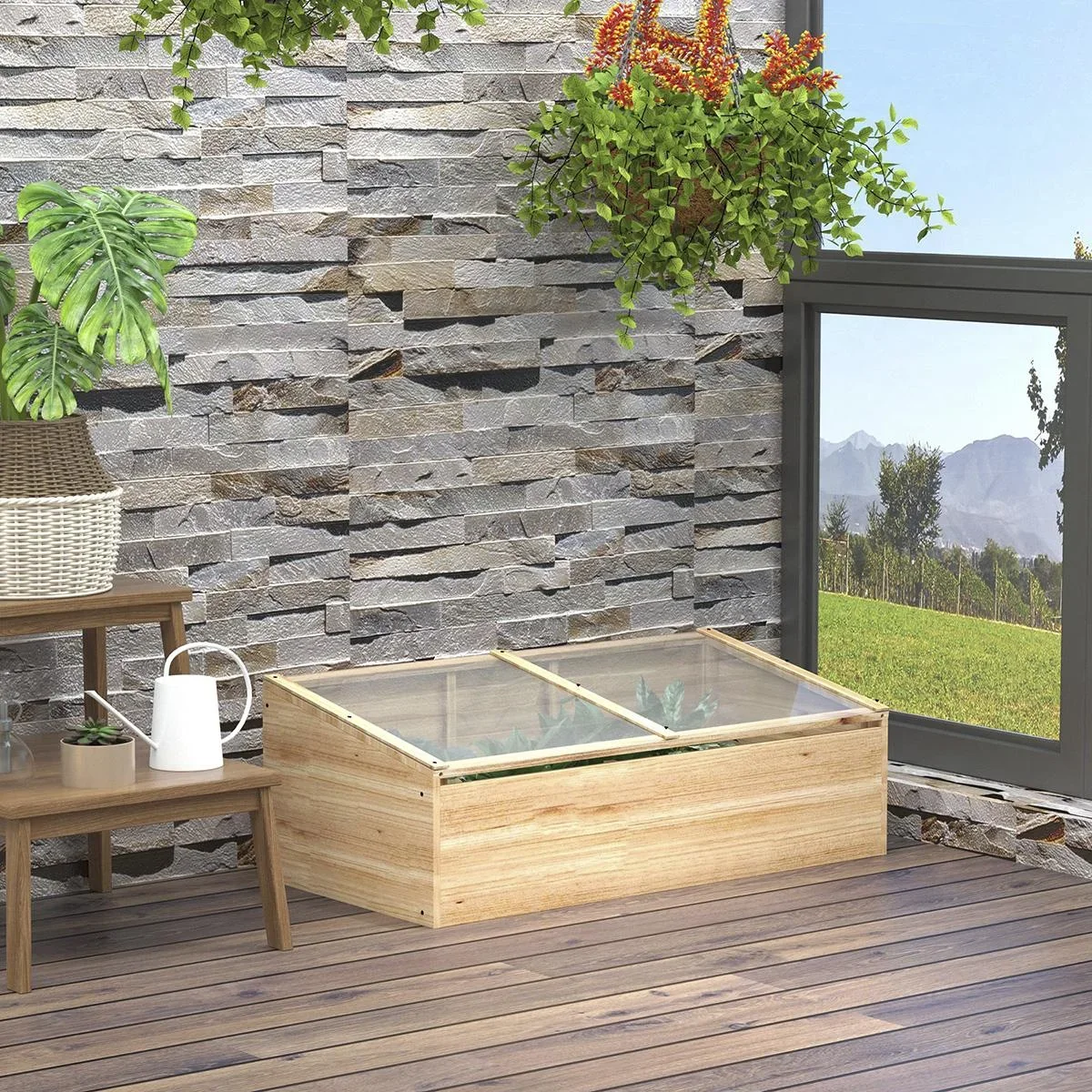 Gewächshaus Holz Frühbeet Frühbeetkasten Treibhaus Garten & Pflanzkasten-System für Garten Balkon, 100 x 50 x 35 cm, Nat - 1