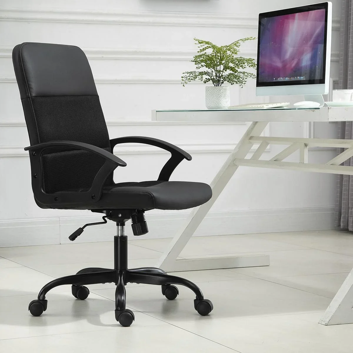 Ergonomischer Bürostuhl, Höhenverstellbarer Schreibtischstuhl, Drehstuhl, PVC + Netz Bezug, Schwarz, 60 x 64 x 99-107 cm - 1