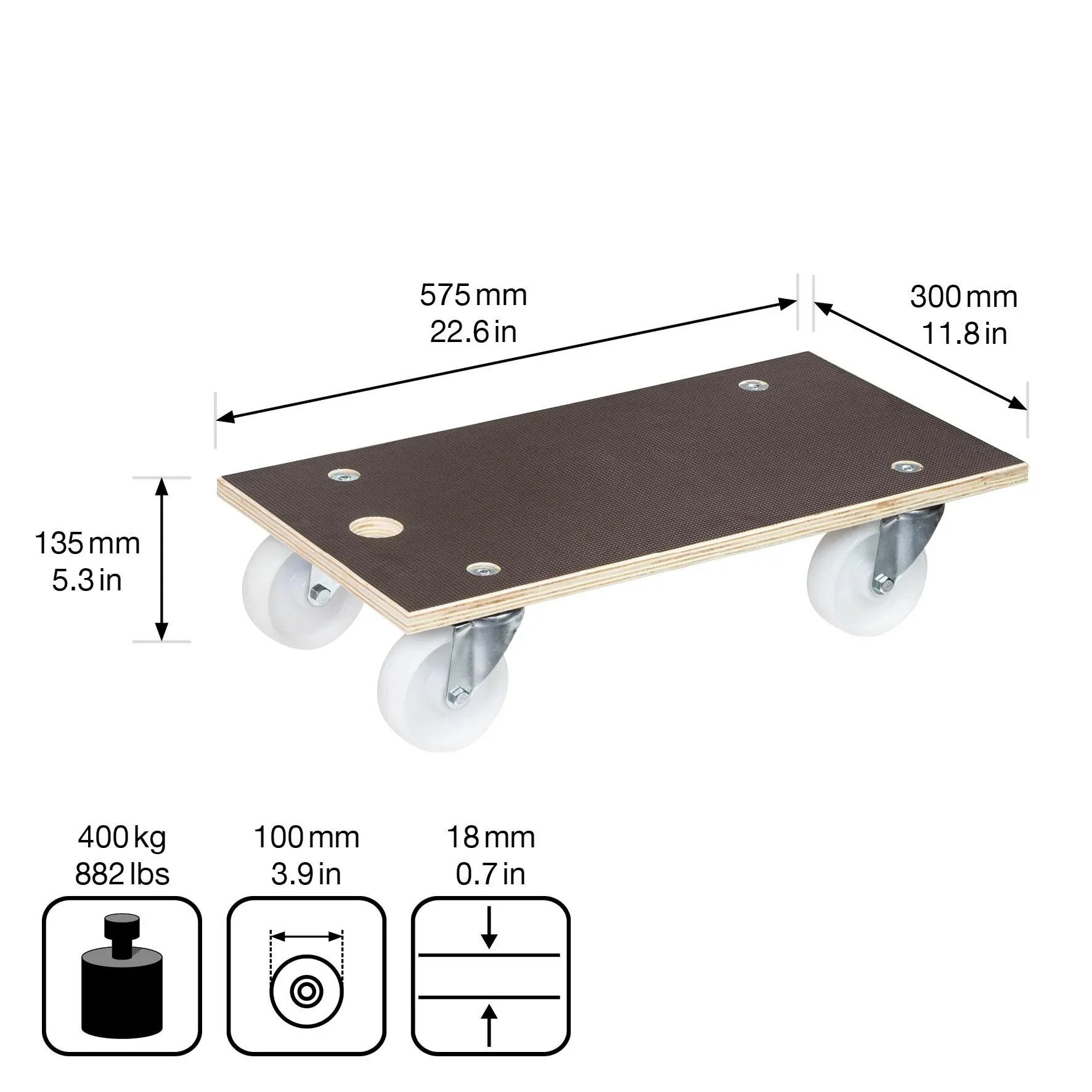 Transporthilfe MM 1111, 57,5 x 30 x 13,5 cm, harte Rollen Ø 100 mm, Rollenlager, Platte Maxigrip FSC®, Tragkraft 400 kg - 2