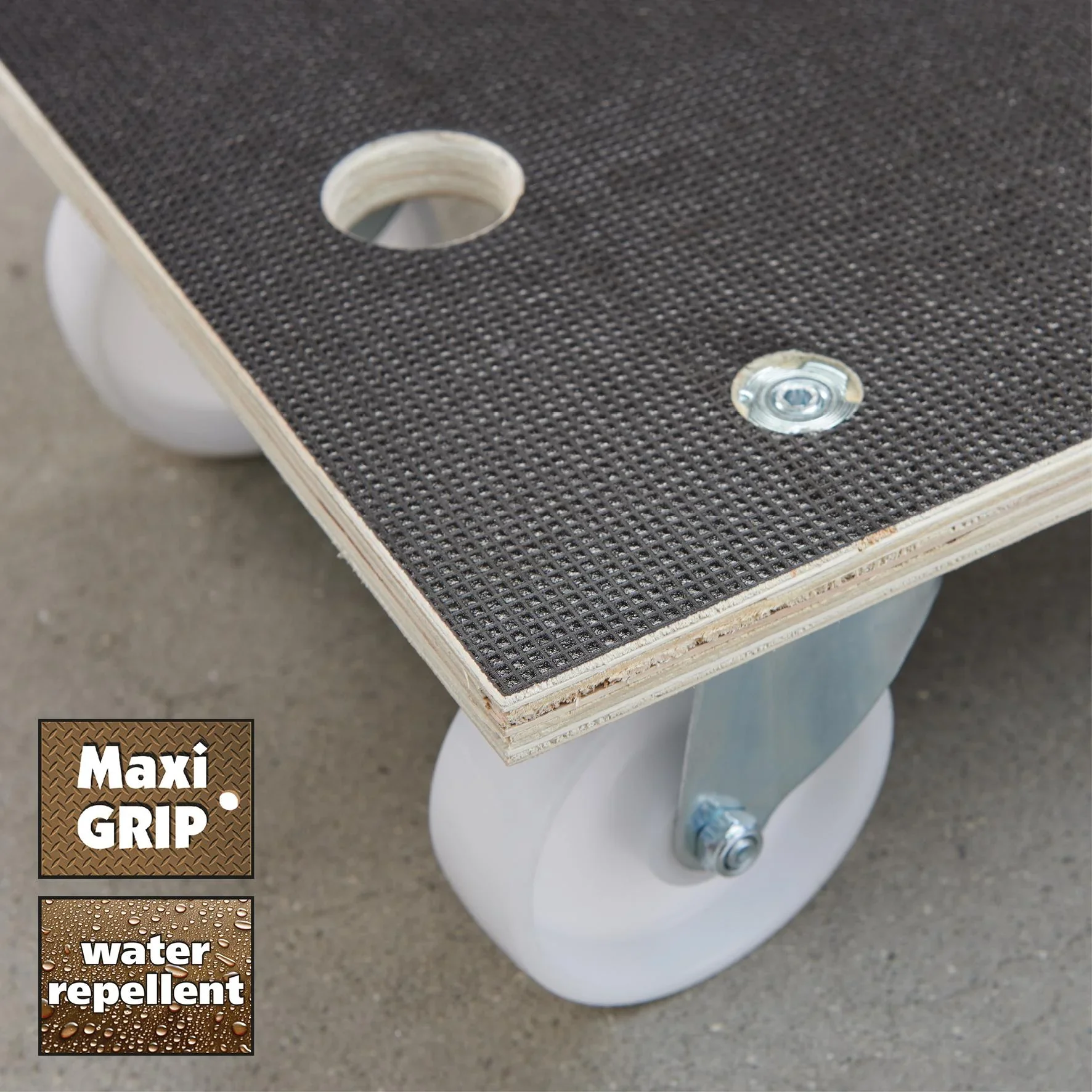 Transporthilfe MM 1111, 57,5 x 30 x 13,5 cm, harte Rollen Ø 100 mm, Rollenlager, Platte Maxigrip FSC®, Tragkraft 400 kg - 3