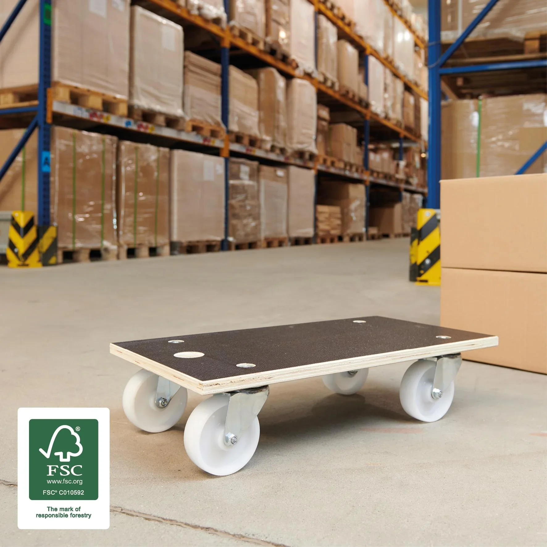 Transporthilfe MM 1111, 57,5 x 30 x 13,5 cm, harte Rollen Ø 100 mm, Rollenlager, Platte Maxigrip FSC®, Tragkraft 400 kg - 4
