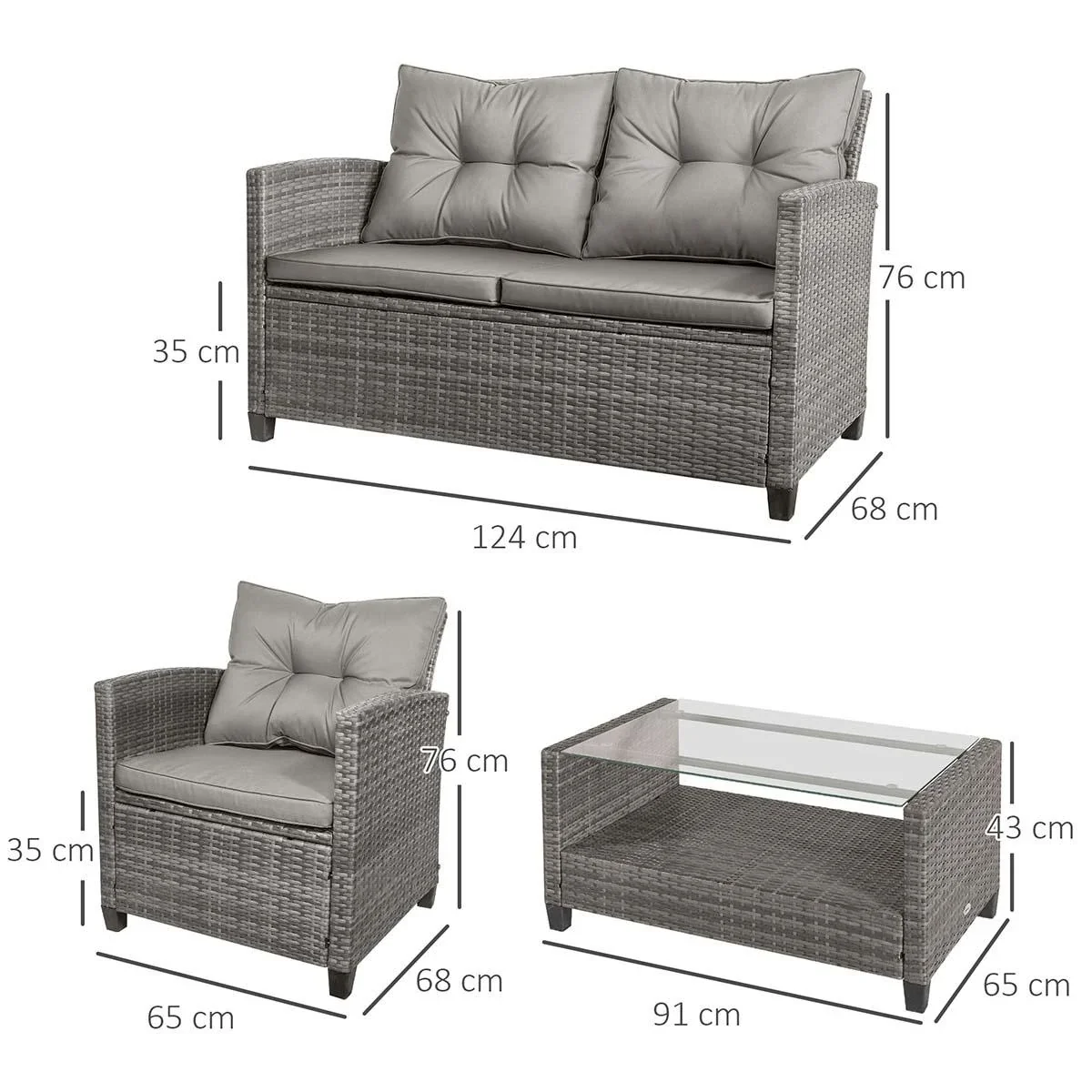 Polyrattan Sitzgarnitur 4 tlg. Sitzgruppe Gartenset Sofagarnitur Gartenmöbel Set Lounge Metall Luxus Grau - 2