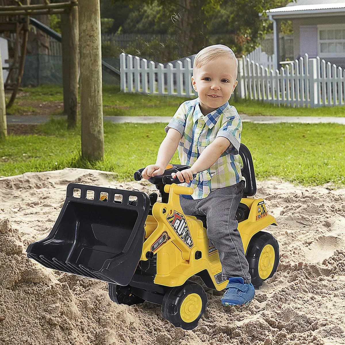 Sitzbagger mit eingebautem Ablagefach Kinder Rutschauto traktor Kinderbagger mit Hupe Gelb+Schwarz 80 x 26,5 x 39 cm - 0