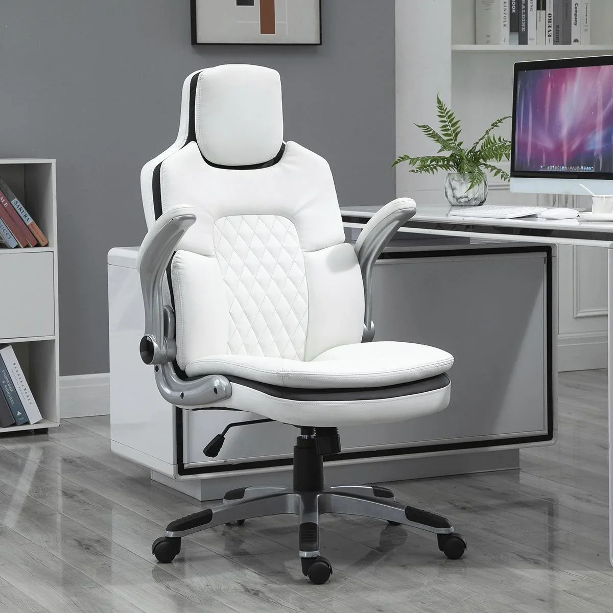 Ergonomischer Bürostuhl mit klappbare Armlehnen, Höhenverstellbarer Schreibtischstuhl mit Wippfunktion, Drehstuhl, PU, 6 - 1