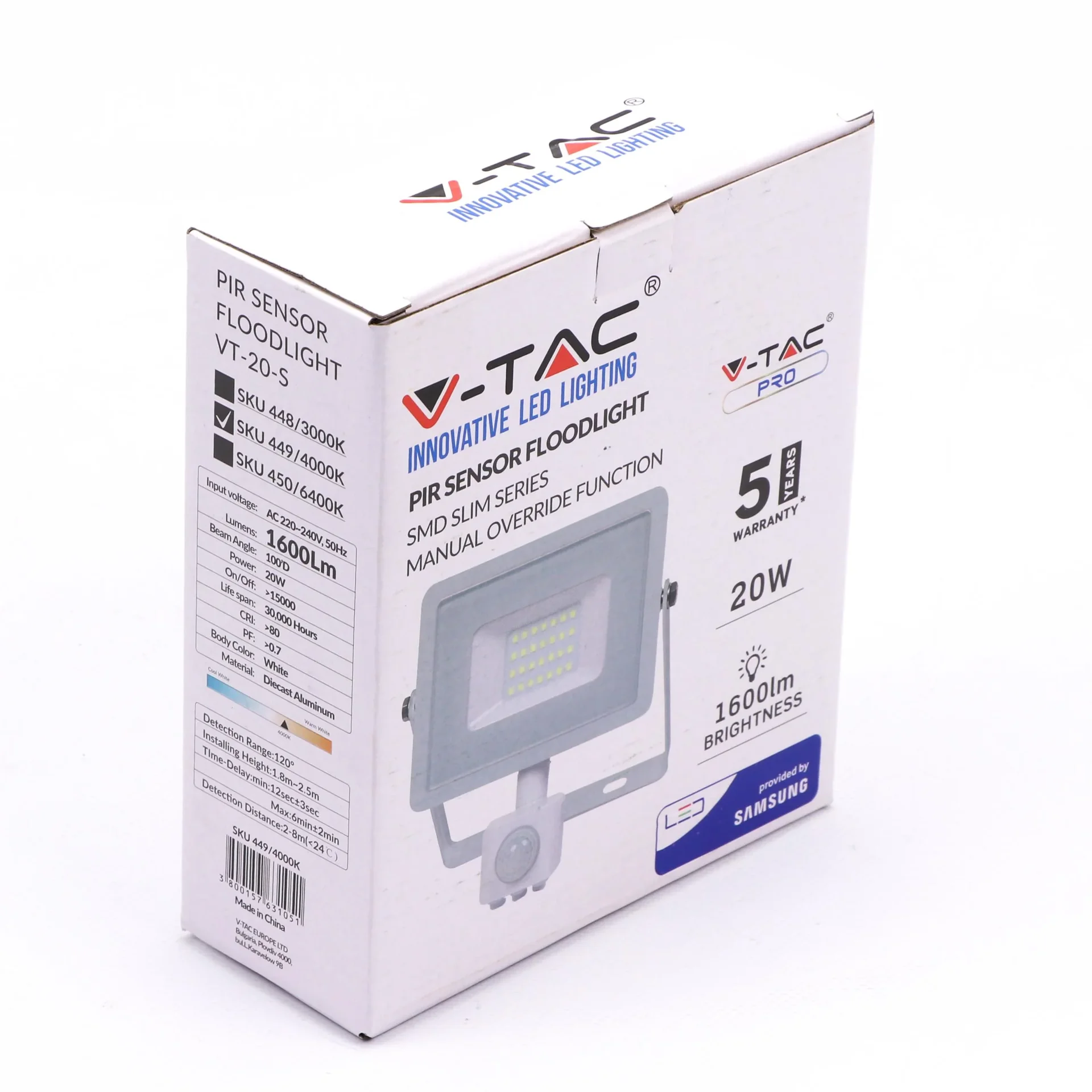 VT-20-S-W LED-Scheinwerfer mit Sensor - 20 W - 1600 Lm - 4000K - weiß - 1