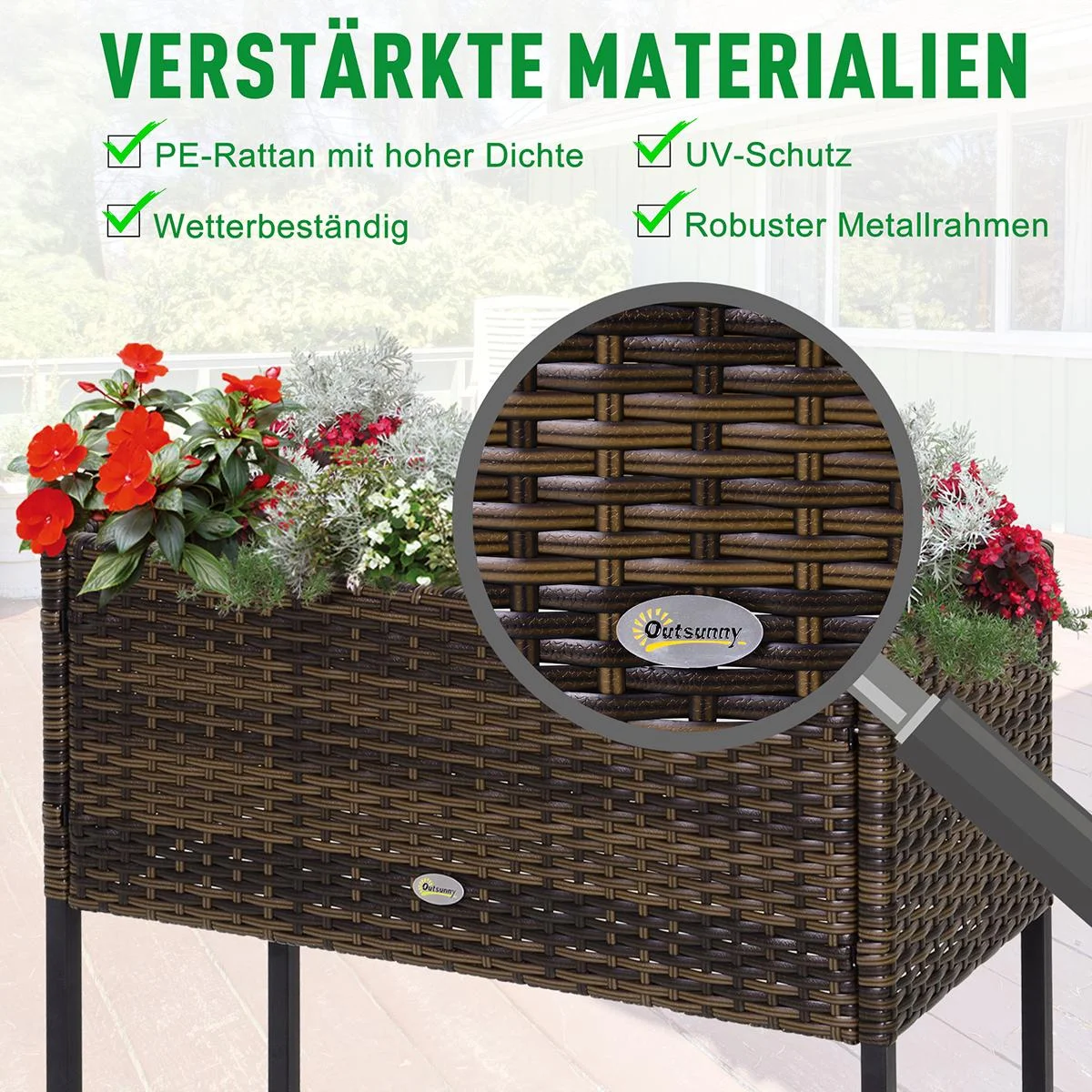 Poly Rattan Hochbeet Blumenkasten mit Füßen Blumentopf mit Ablage Braun 70 x 30 x 72 cm - 2