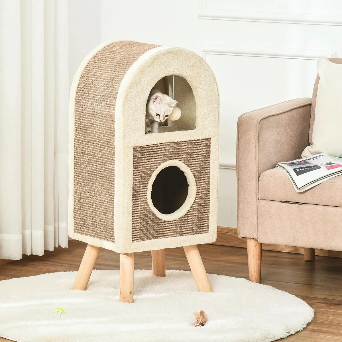 Kratzbaum Katzenhöhle mit kratzbrett Spielbällen katzenbett Kratzmatte mehrstöckig Spanplatte Plüsch Sisal Kaffee 40 x 3 - 0