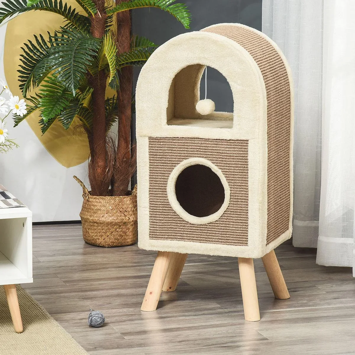 Kratzbaum Katzenhöhle mit kratzbrett Spielbällen katzenbett Kratzmatte mehrstöckig Spanplatte Plüsch Sisal Kaffee 40 x 3 - 2