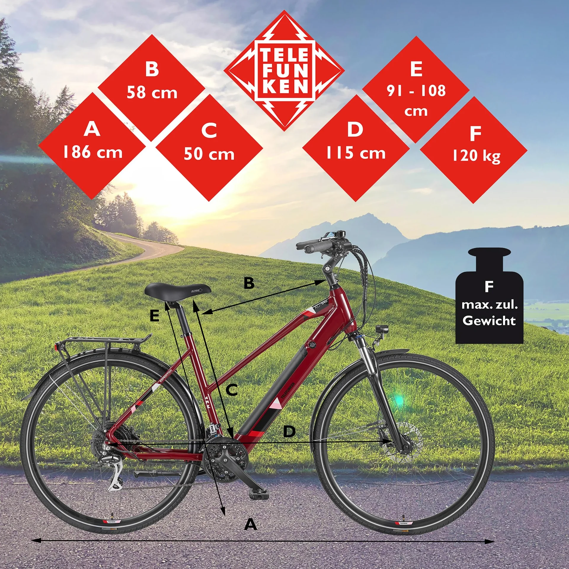 Damen Alu Trekking E-Bike, 28 Zoll, Rahmenhöhe 50 cm, 24-Gang Kettenschaltung, weinrot, XC940 Expedition, - 1