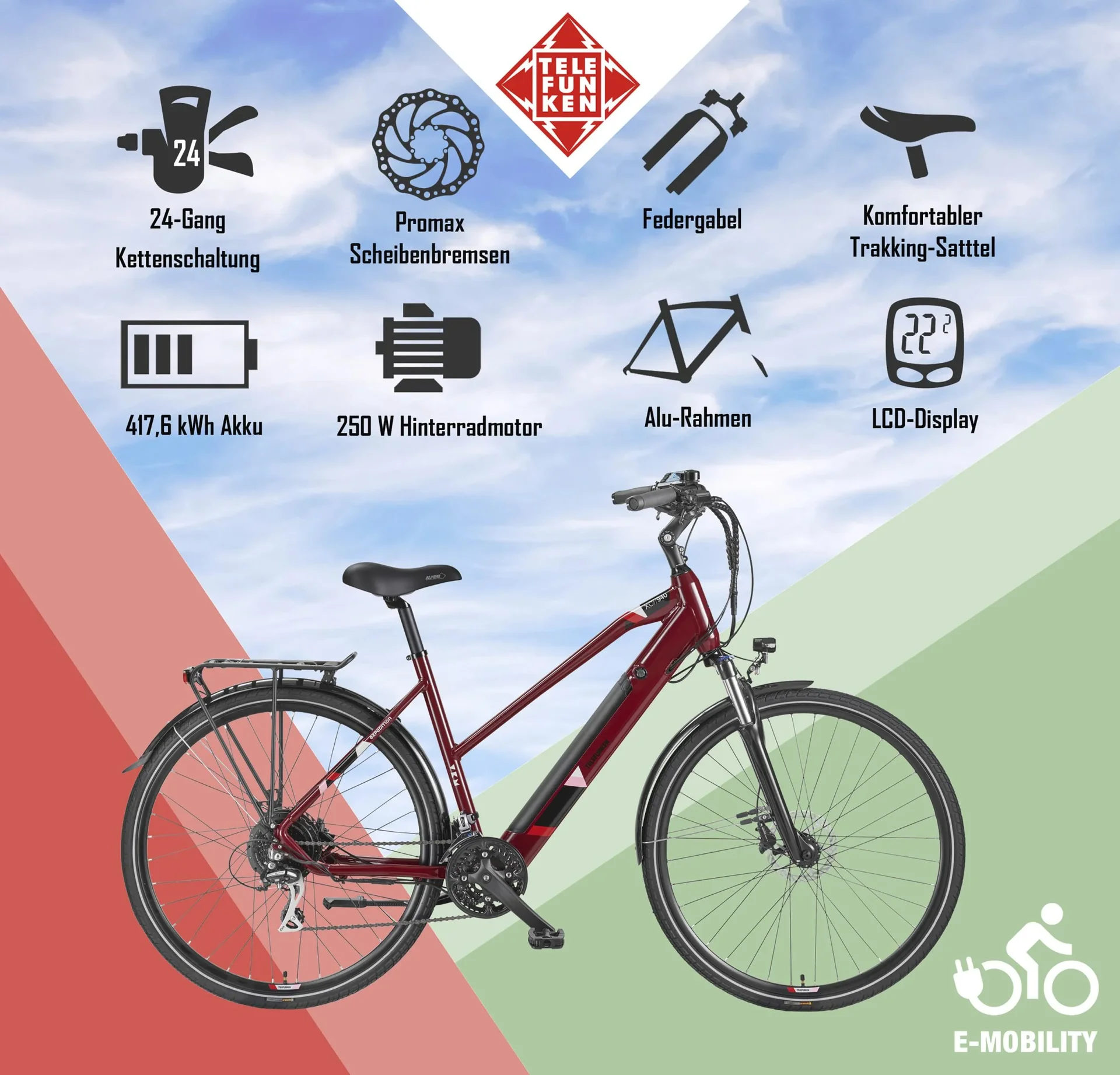 Damen Alu Trekking E-Bike, 28 Zoll, Rahmenhöhe 50 cm, 24-Gang Kettenschaltung, weinrot, XC940 Expedition, - 4