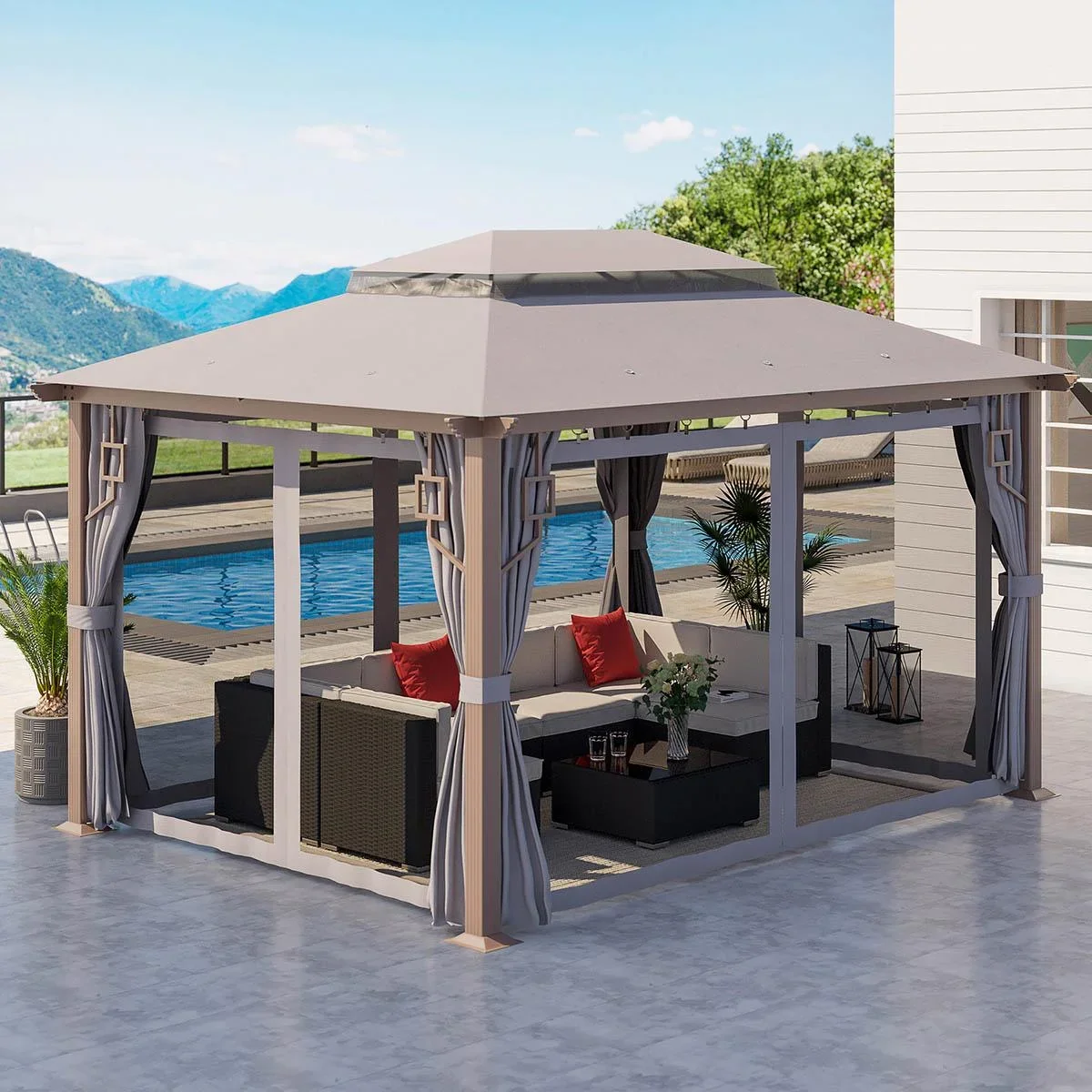 Gartenpavillon - inkl. Vorhänge - Grau - 4 x 3 m - 1