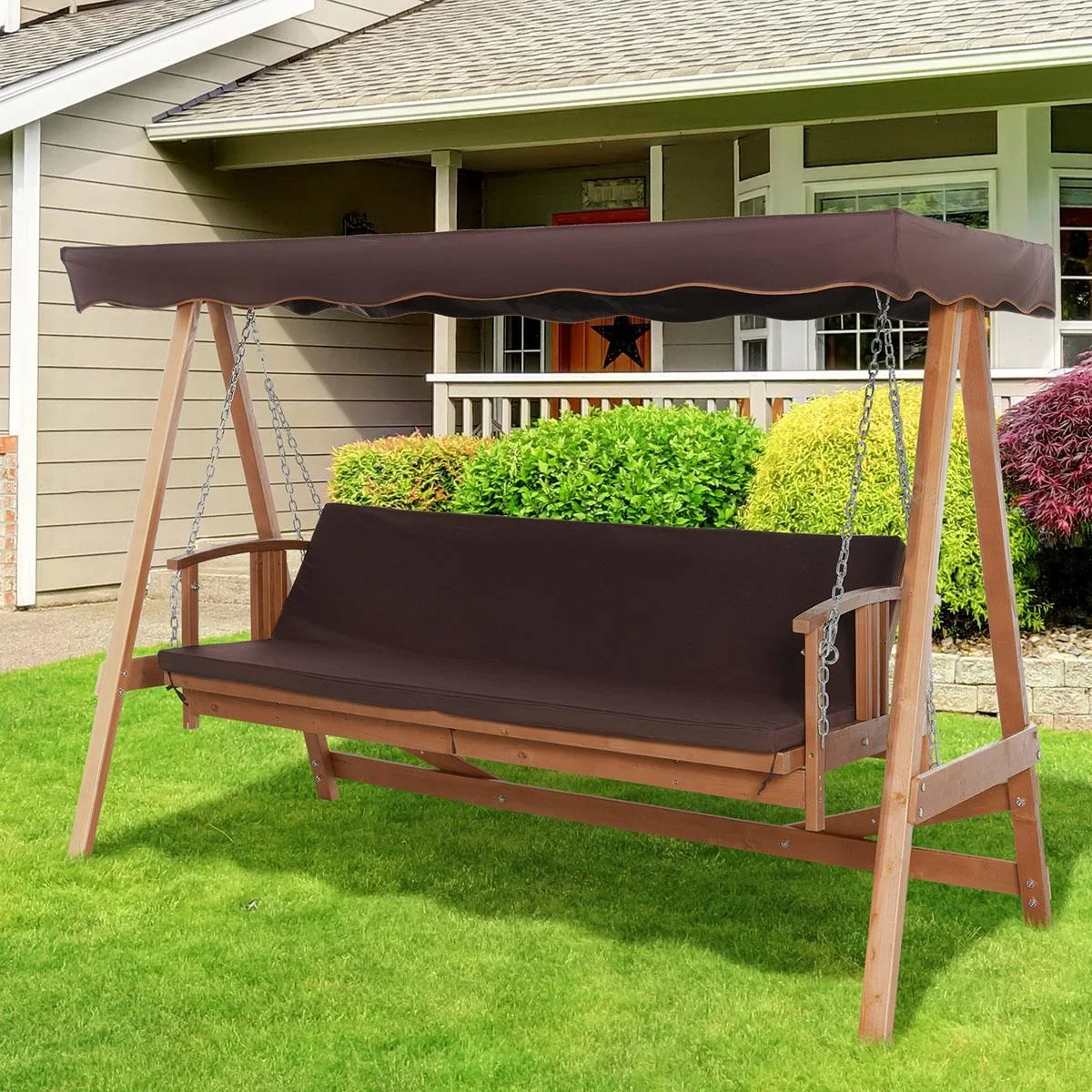 Hollywoodschaukel mit Sonnendach Echtholz-Gartenschaukel Schaukelbank Schaukel mit Liege-Funktion aus Tannenholz für 3 P - 1