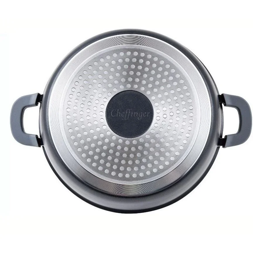 Cheffinger Schmortopf / Niedrige Pfanne / Serviertopf - Marmorbeschichtung - mit abnehmbaren Silikongriffen - SS - 28cm - 0