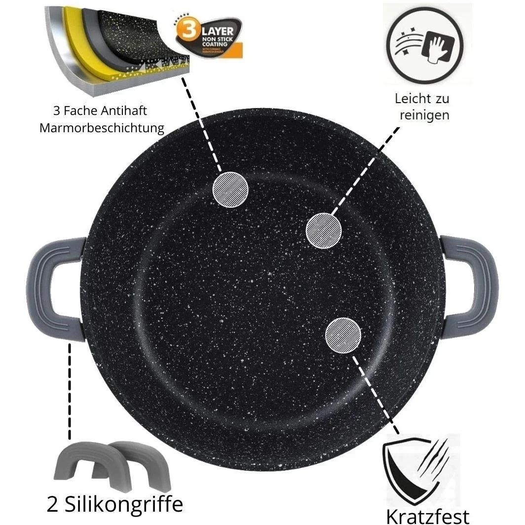 Cheffinger Schmortopf / Niedrige Pfanne / Serviertopf - Marmorbeschichtung - mit abnehmbaren Silikongriffen - SS - 28cm - 1
