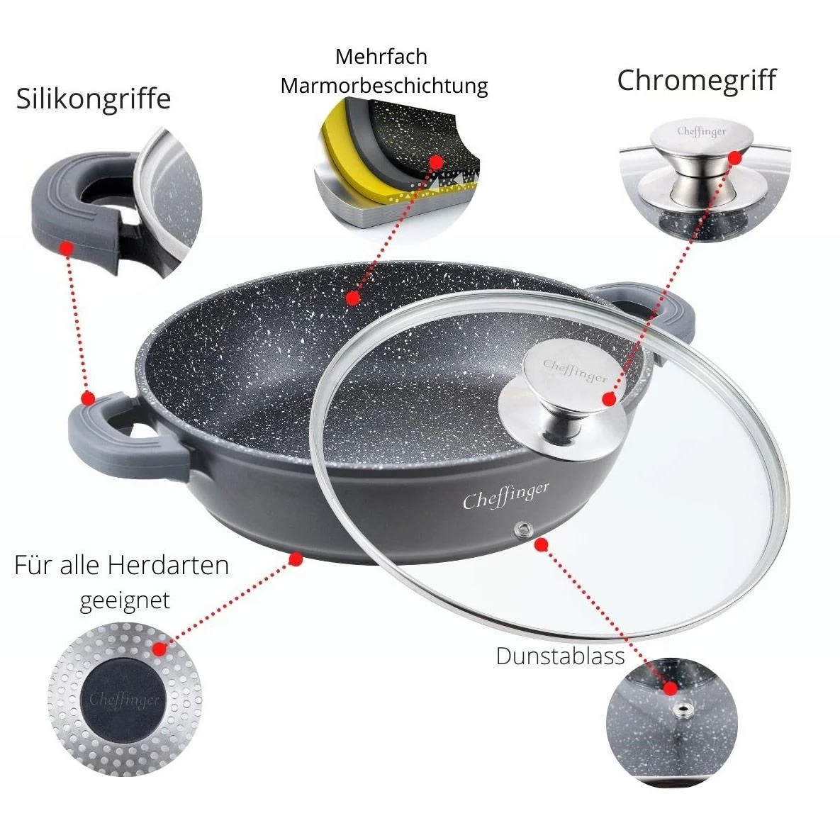 Cheffinger Schmortopf / Niedrige Pfanne / Serviertopf - Marmorbeschichtung - mit abnehmbaren Silikongriffen - SS - 28cm - 2