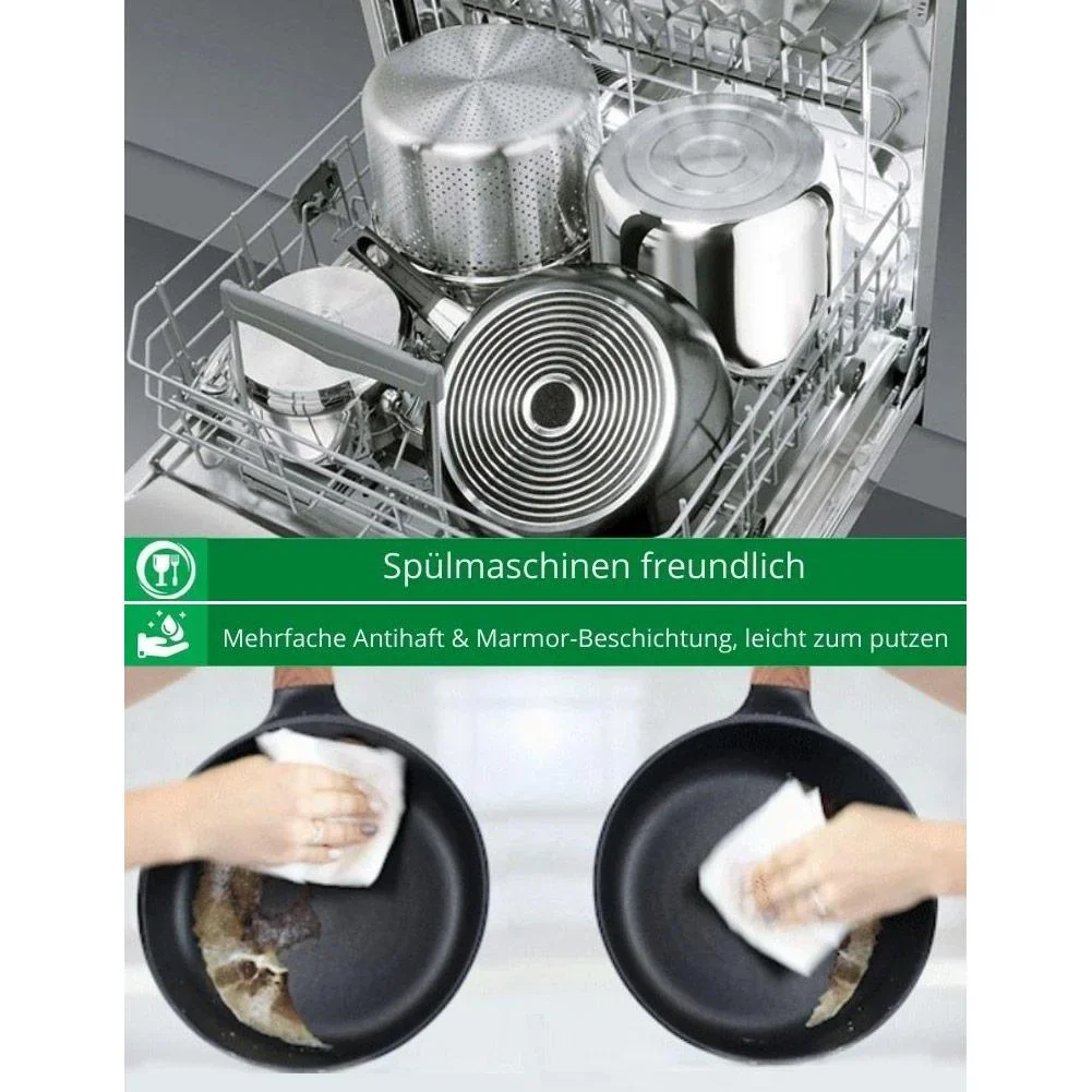 Cheffinger Schmortopf / Niedrige Pfanne / Serviertopf - Marmorbeschichtung - mit abnehmbaren Silikongriffen - SS - 28cm - 5