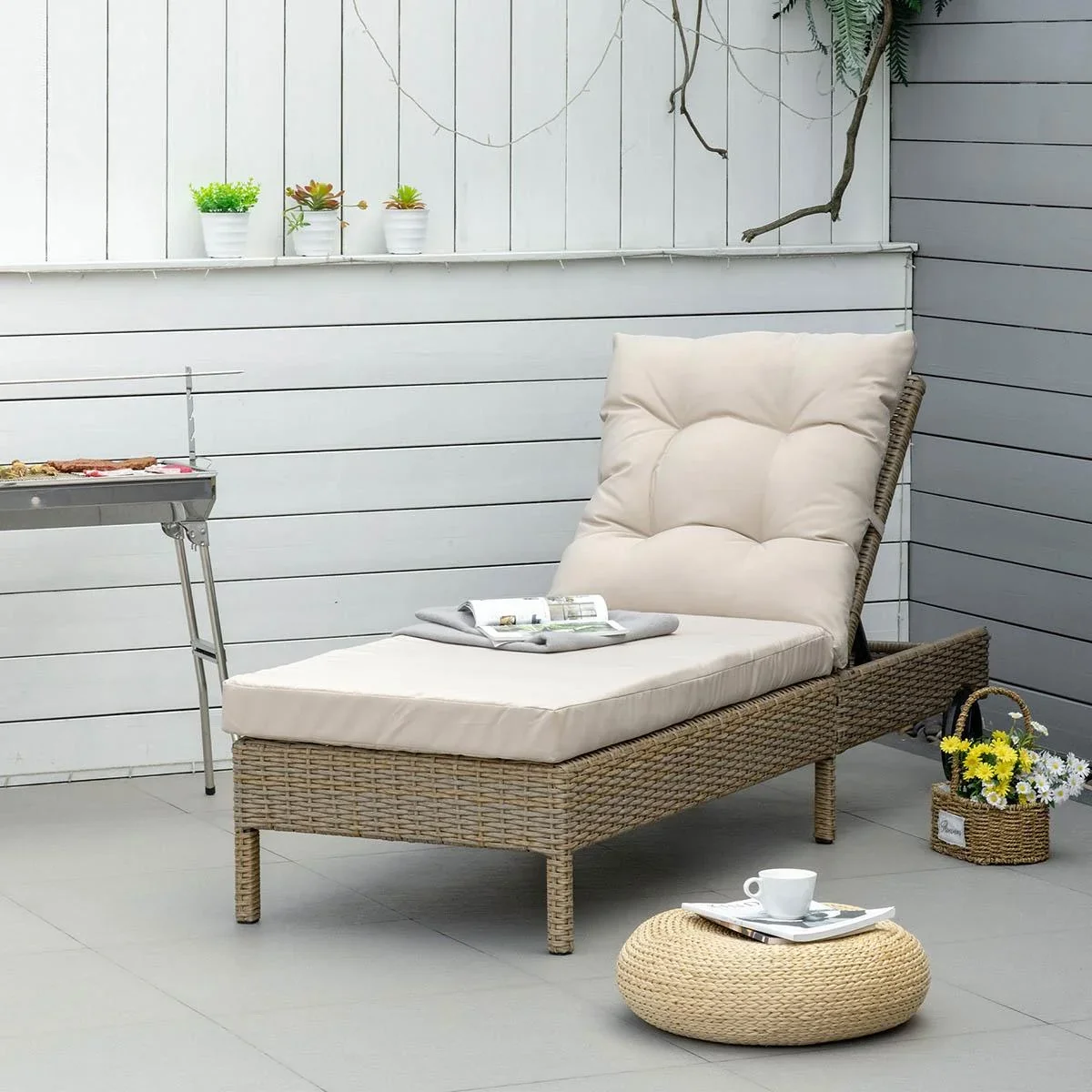 Gartenliege Rattanoptik Natur+Khaki 200 x 66 x 92 cm - 0