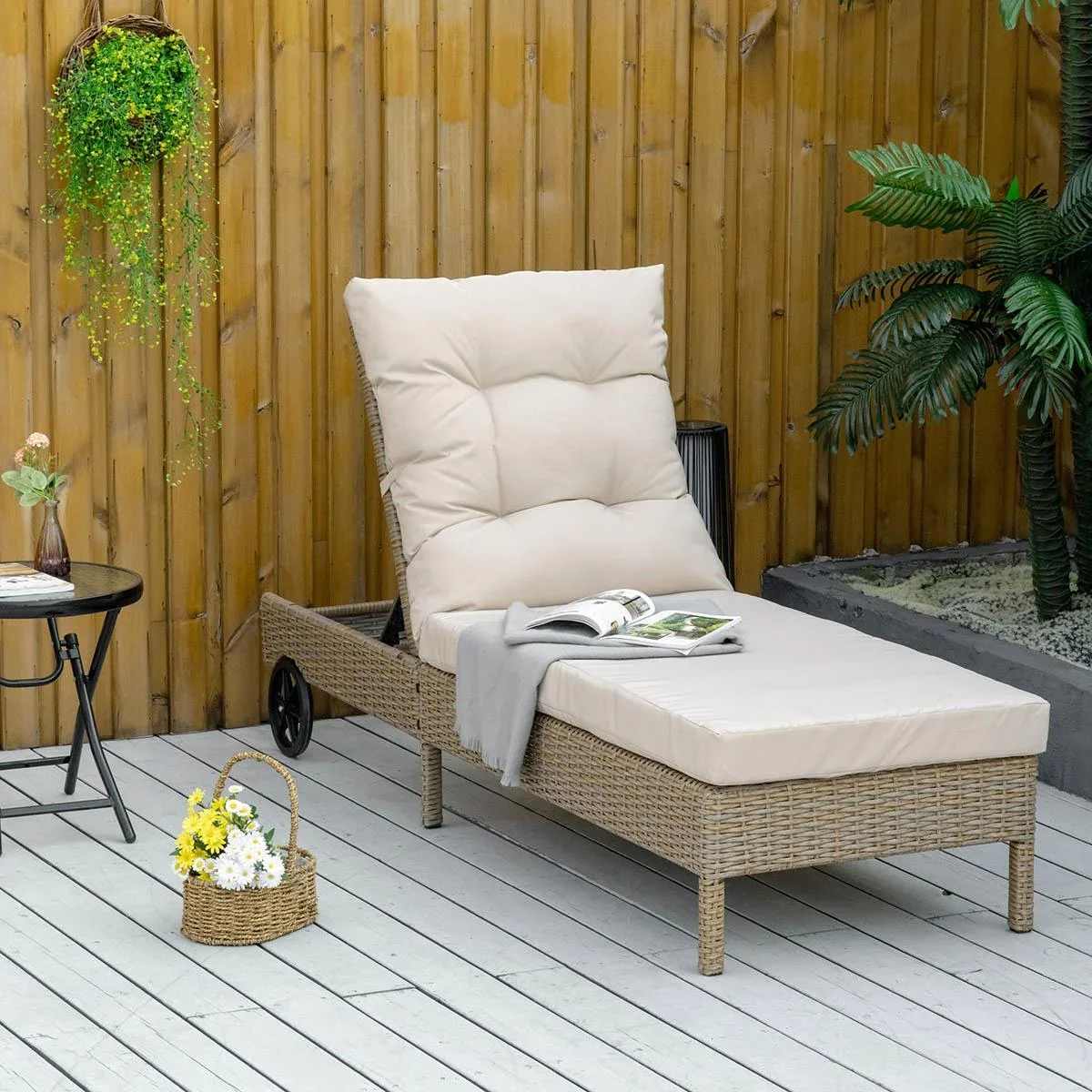 Gartenliege Rattanoptik Natur+Khaki 200 x 66 x 92 cm - 1