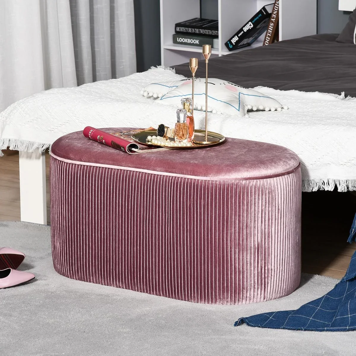 Sitzbank Polsterbank mit Stauraum Truhenbank für Wohnzimmer französische Stil Samt elegant Rosa 81 x 40 x 41 cm - 1
