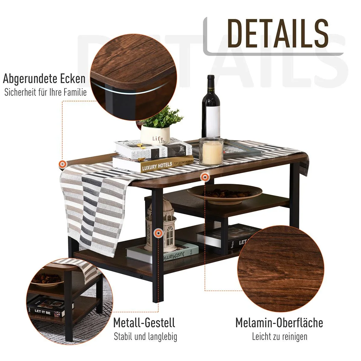 Couchtisch mit Ablageflächen industrieller Stil, E1 Spanplatte, Stahl, Braun, 100L x 60B x 46H cm - 0