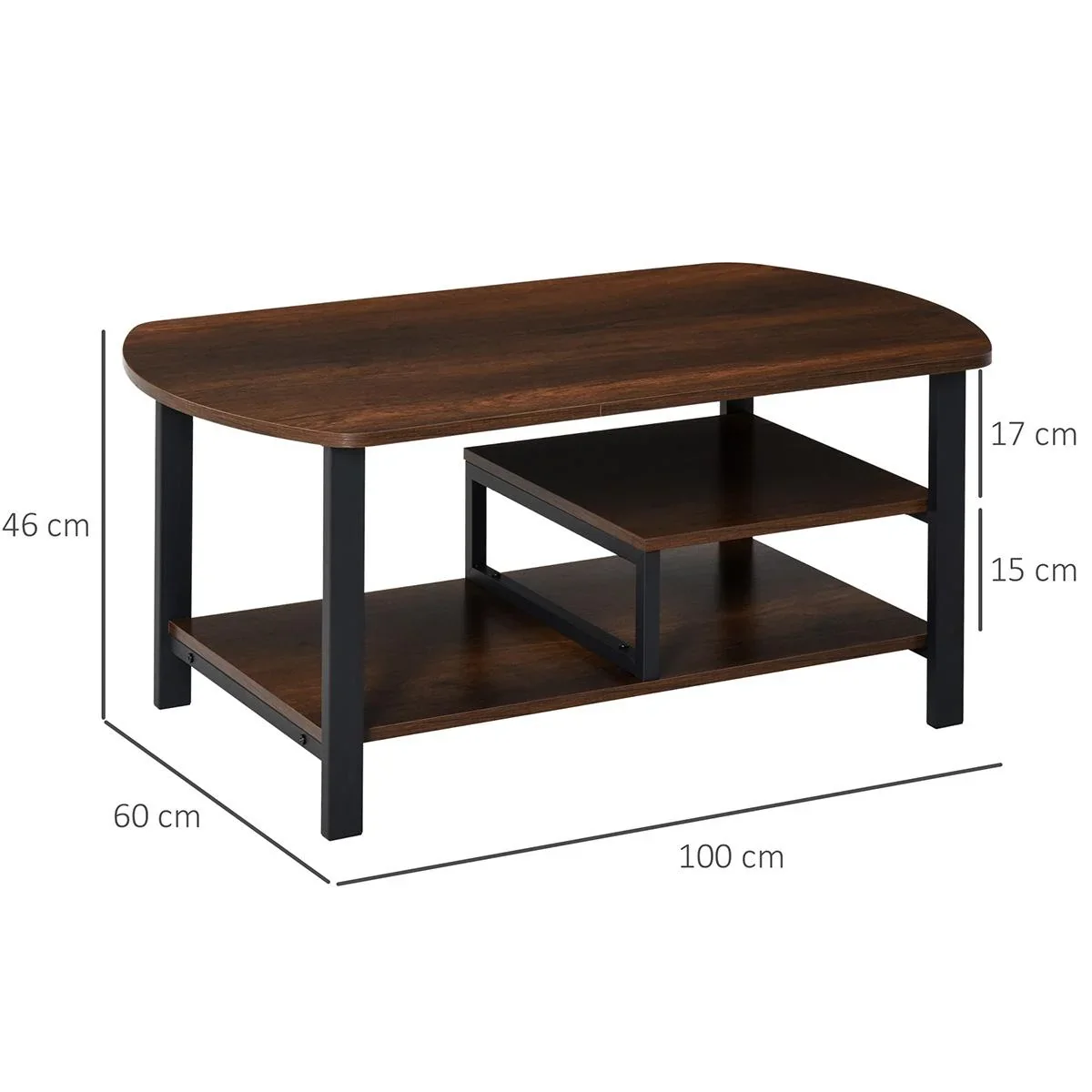 Couchtisch mit Ablageflächen industrieller Stil, E1 Spanplatte, Stahl, Braun, 100L x 60B x 46H cm - 1