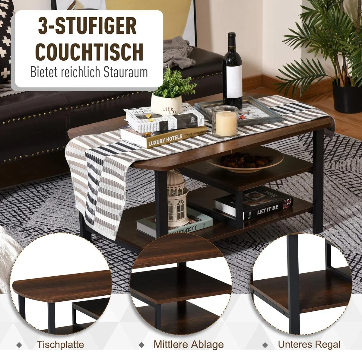 Couchtisch mit Ablageflächen industrieller Stil, E1 Spanplatte, Stahl, Braun, 100L x 60B x 46H cm - 2