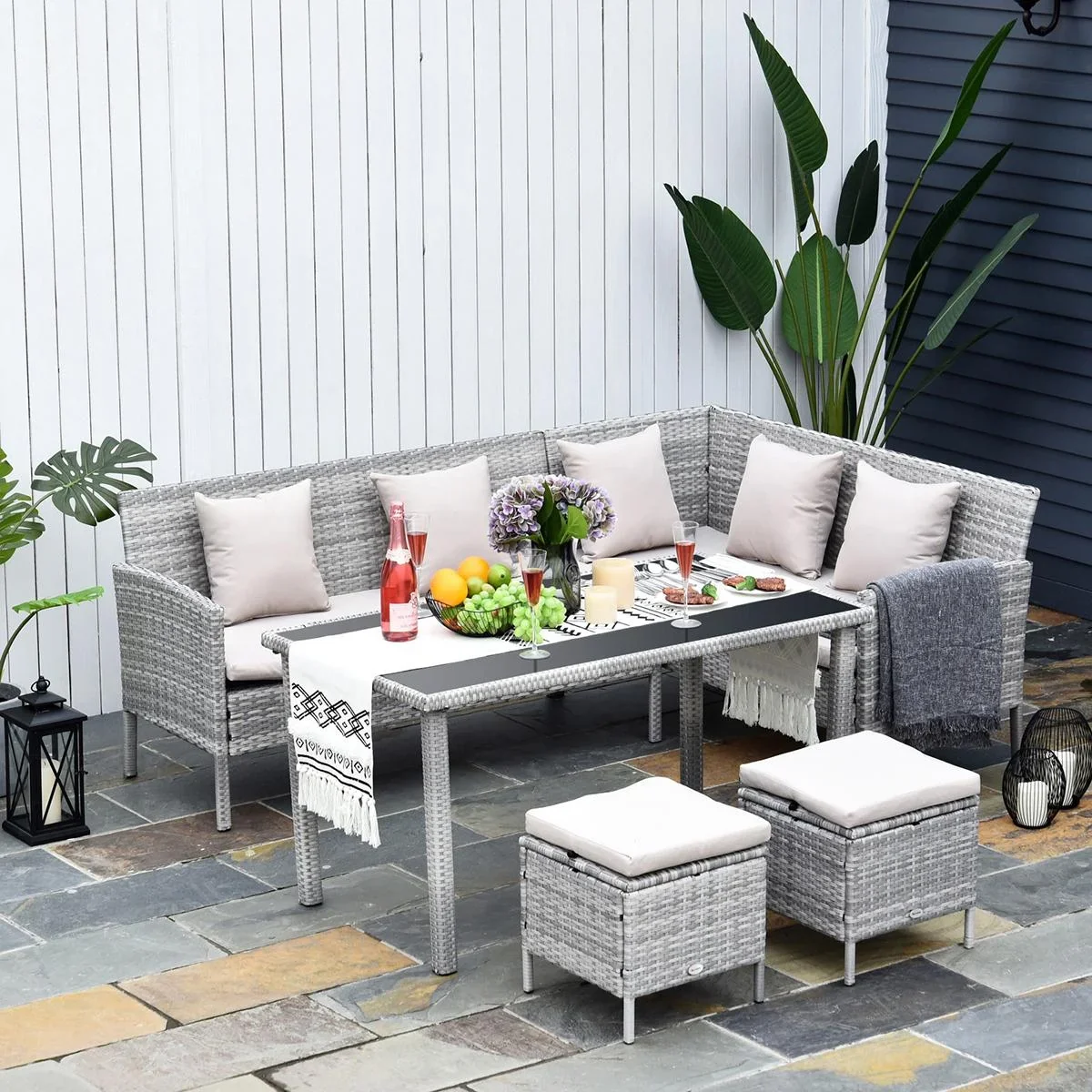 5-tlg. Gartenmöbel Set, Rattan Sitzgruppe mit Fußhocker, Metall, Grau, 134 x 60 x 75 cm - 0