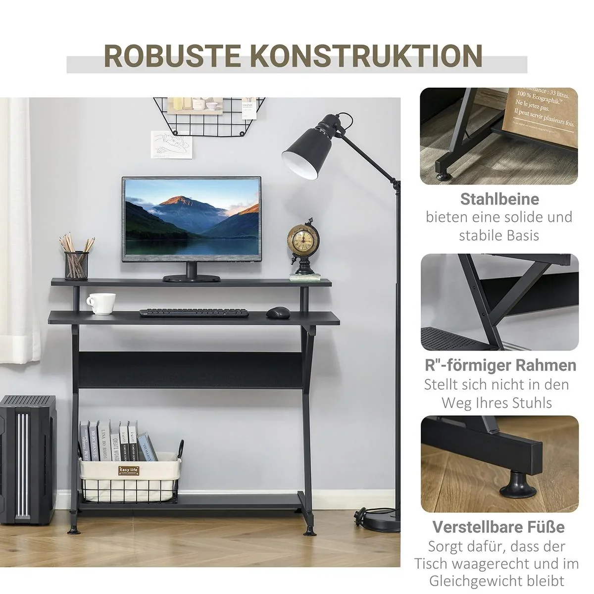 Computertisch industrieller Stil mit Höhenverstellbar Fußbett MDF Metall Schwarz 100 x 60 x 85,5 cm - 0