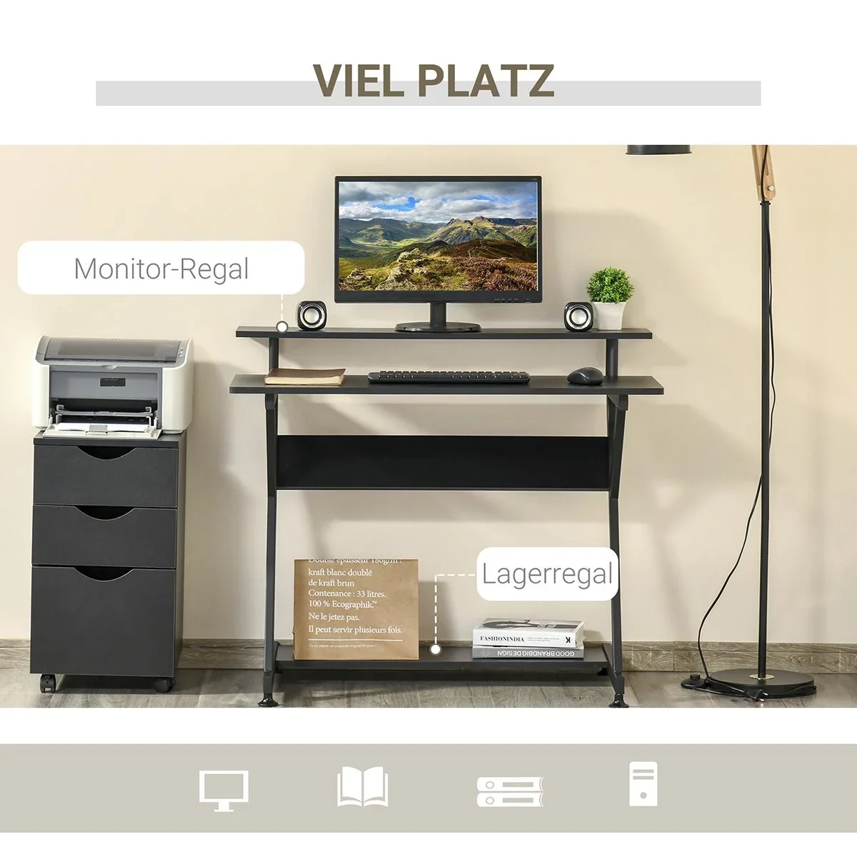 Computertisch industrieller Stil mit Höhenverstellbar Fußbett MDF Metall Schwarz 100 x 60 x 85,5 cm - 2