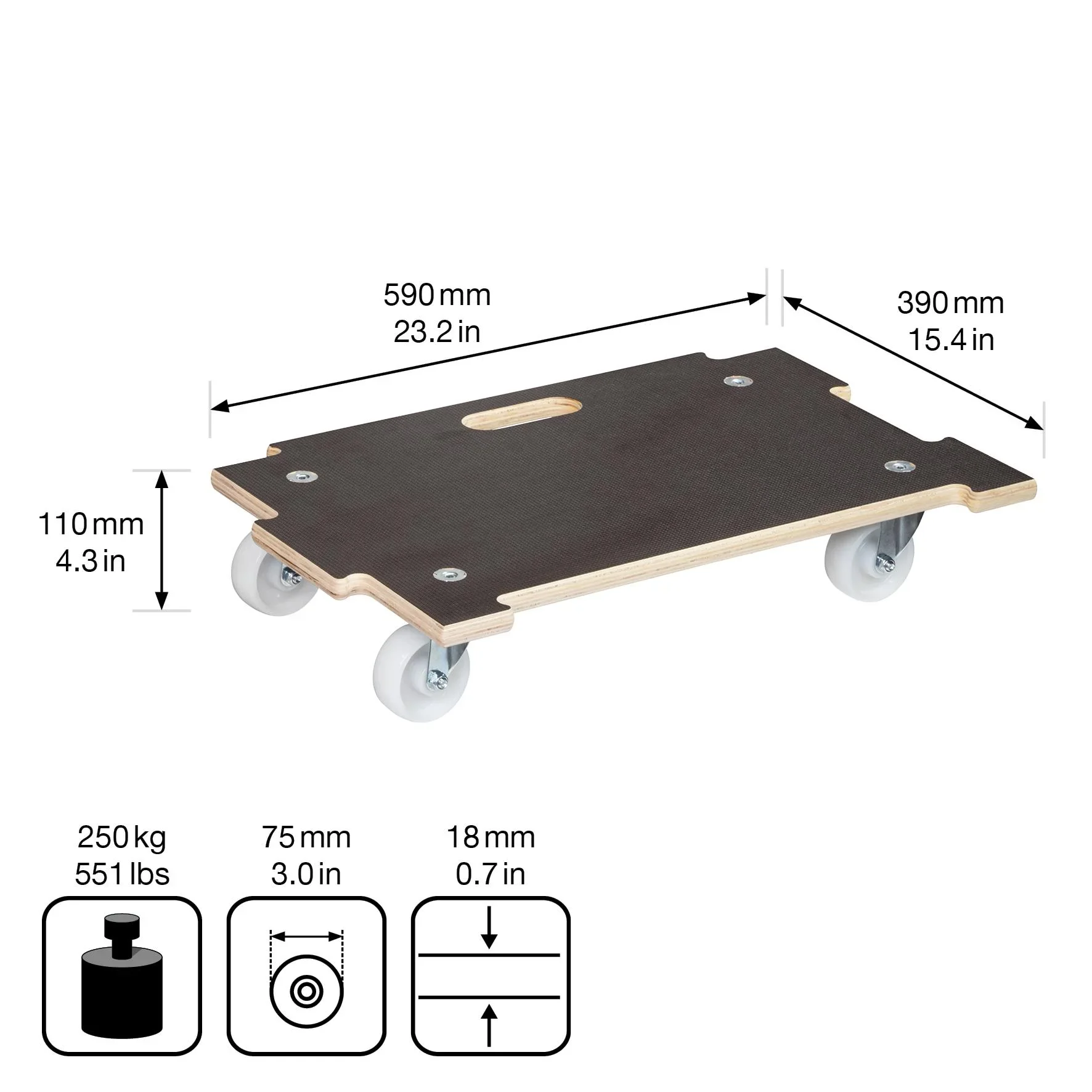 Transporthilfe MM 1383, 59 x 39 x 11 cm, harte Rollen Ø 75 mm, Rollenlager, Platte Maxigrip FSC®, Tragkraft 250 kg - 3