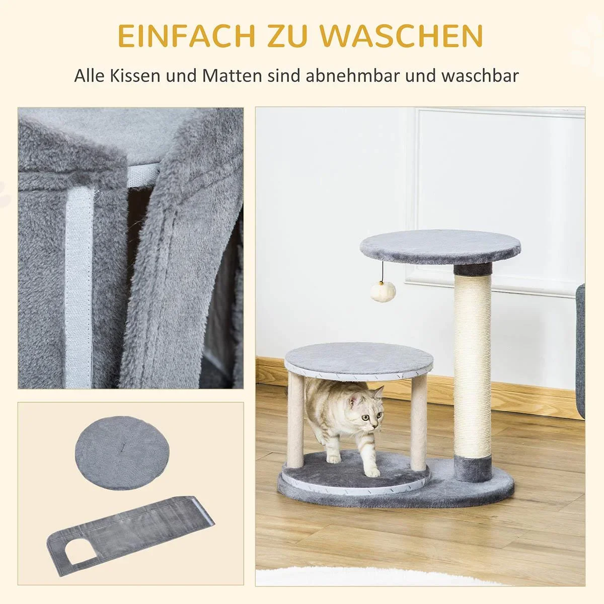 Kratzbaum Katzenbaum mit Katzenhöhle Spielball Katzenkratzbaum Sisalseil-Kratzstangen Grau 55 x 36 x 59 cm - 1
