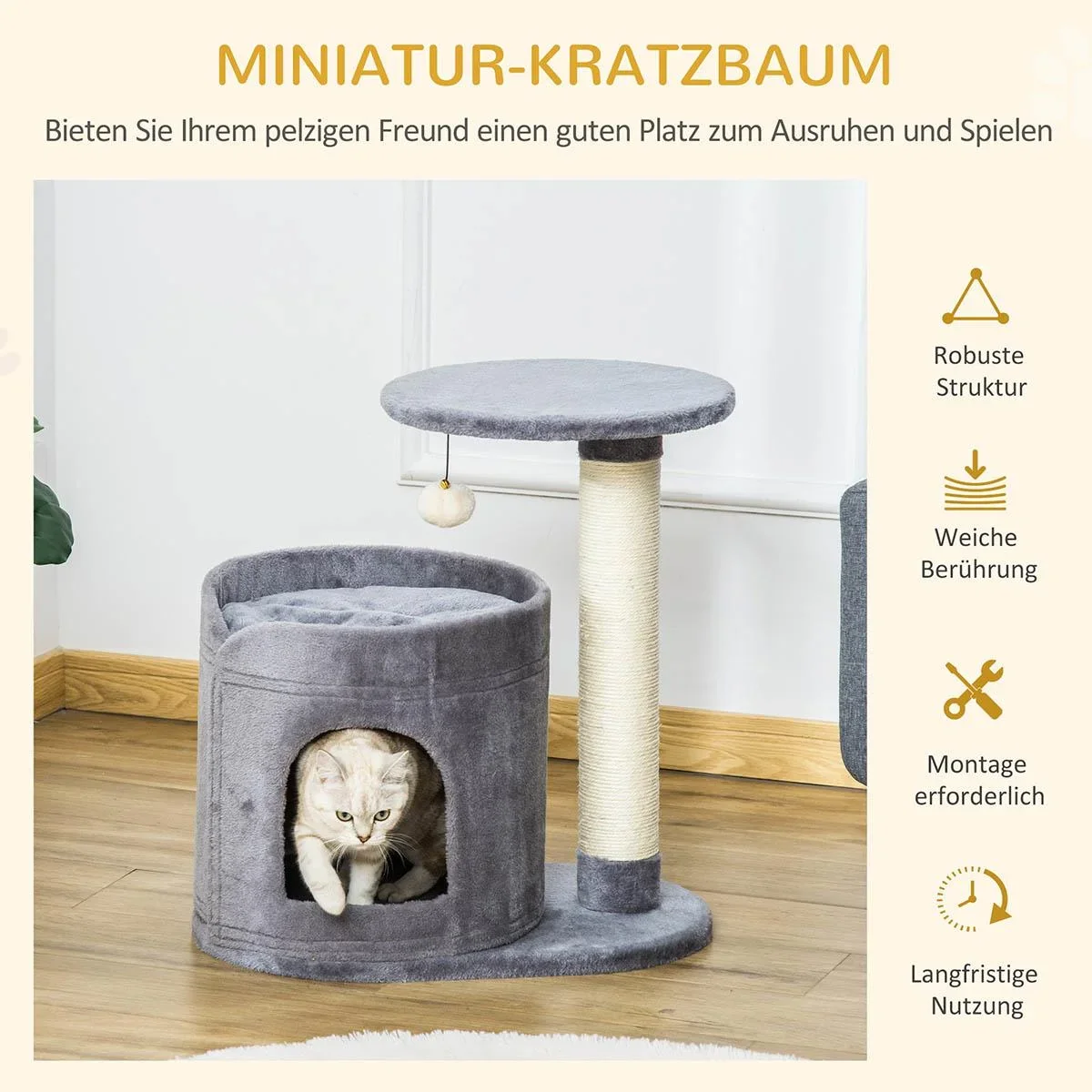 Kratzbaum Katzenbaum mit Katzenhöhle Spielball Katzenkratzbaum Sisalseil-Kratzstangen Grau 55 x 36 x 59 cm - 3