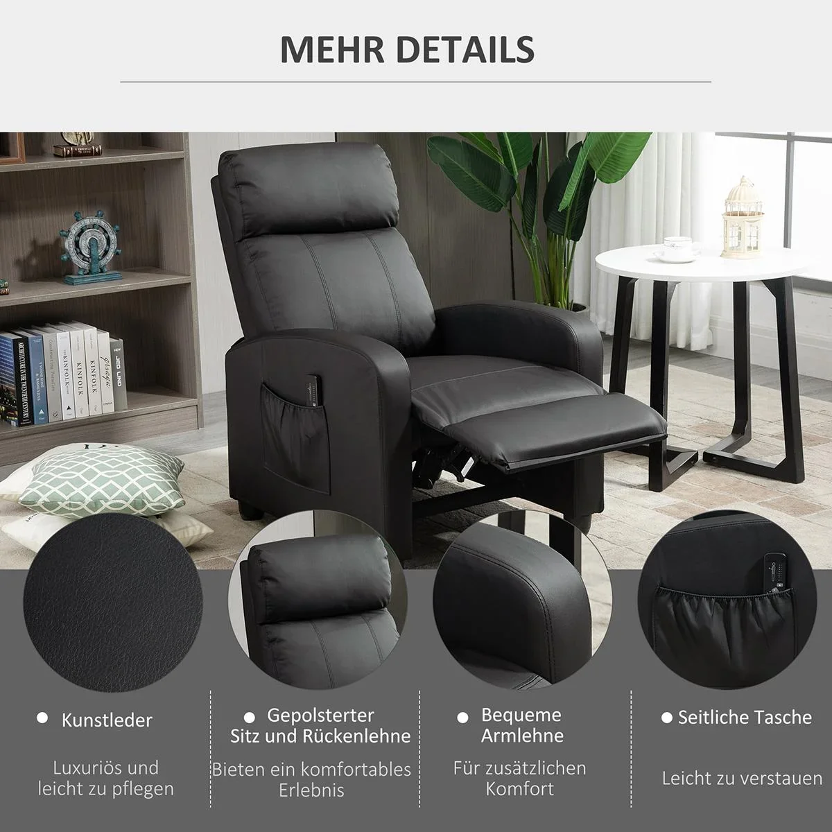 Massagesessel Liegefunktion Rückenlehne mit Rückenlehne 2-Punkt-Massage Schaumstoff Kunstleder Schwarz 68 x 88 x 98 cm - 0