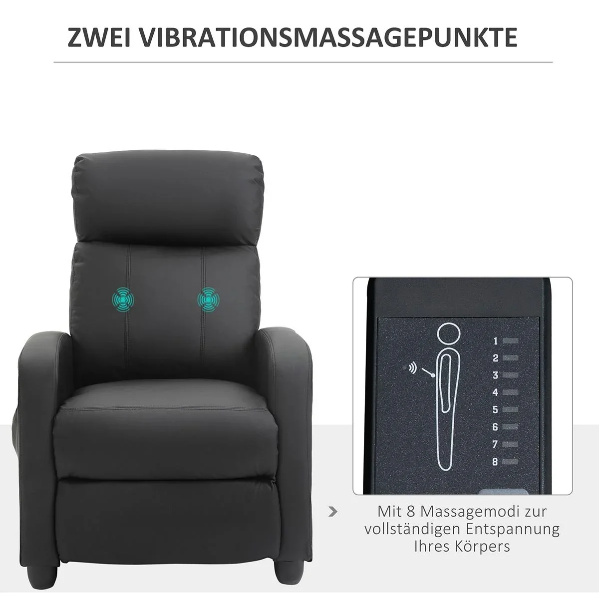 Massagesessel Liegefunktion Rückenlehne mit Rückenlehne 2-Punkt-Massage Schaumstoff Kunstleder Schwarz 68 x 88 x 98 cm - 1