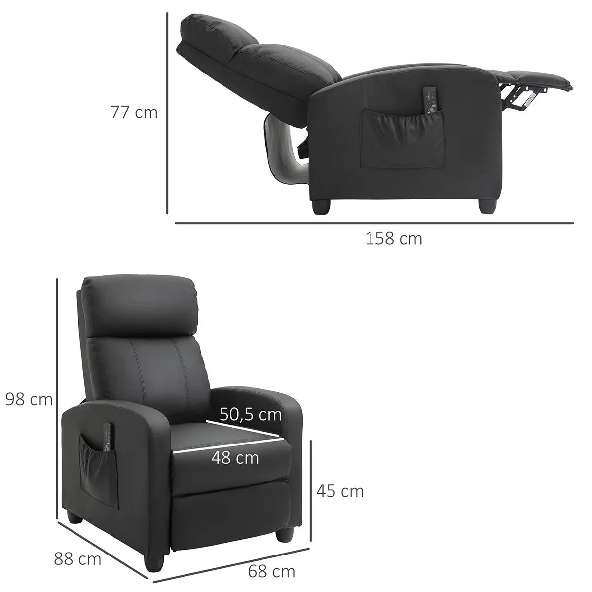 Massagesessel Liegefunktion Rückenlehne mit Rückenlehne 2-Punkt-Massage Schaumstoff Kunstleder Schwarz 68 x 88 x 98 cm - 2
