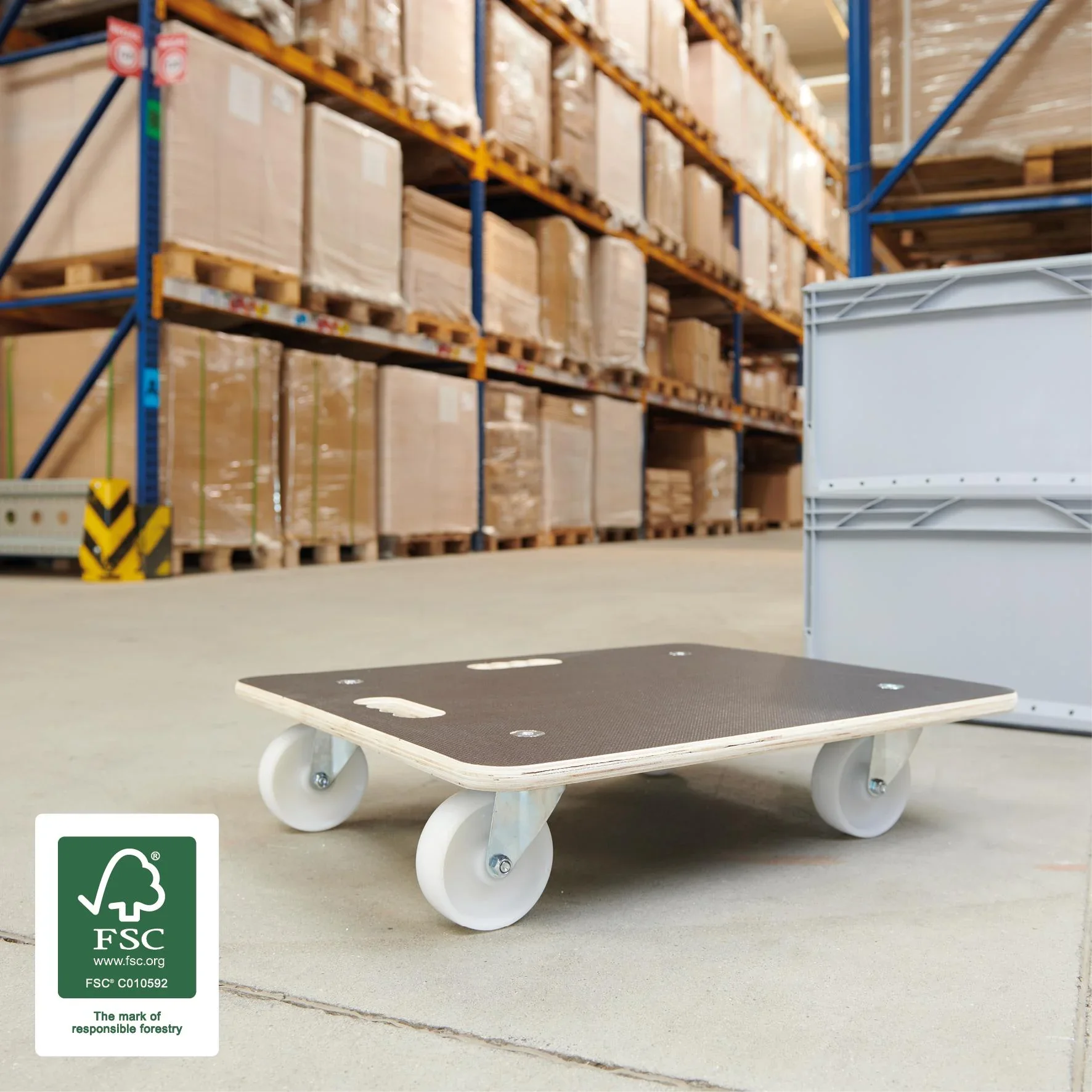 Transporthilfe MM 1113, 59 x 49 x 13,5 cm, harte Rollen Ø 100 mm, Rollenlager, Platte Maxigrip FSC®, Tragkraft 400 kg - 0