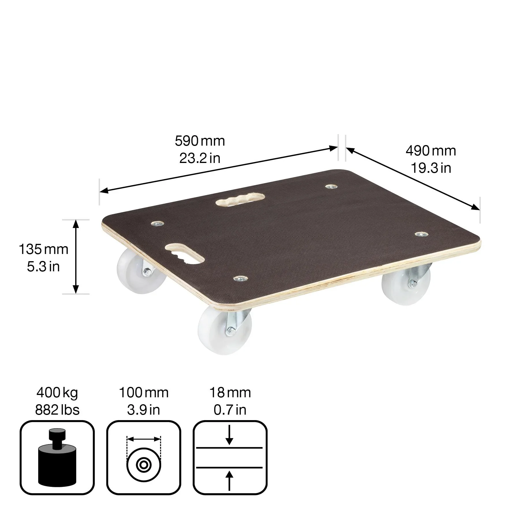 Transporthilfe MM 1113, 59 x 49 x 13,5 cm, harte Rollen Ø 100 mm, Rollenlager, Platte Maxigrip FSC®, Tragkraft 400 kg - 6