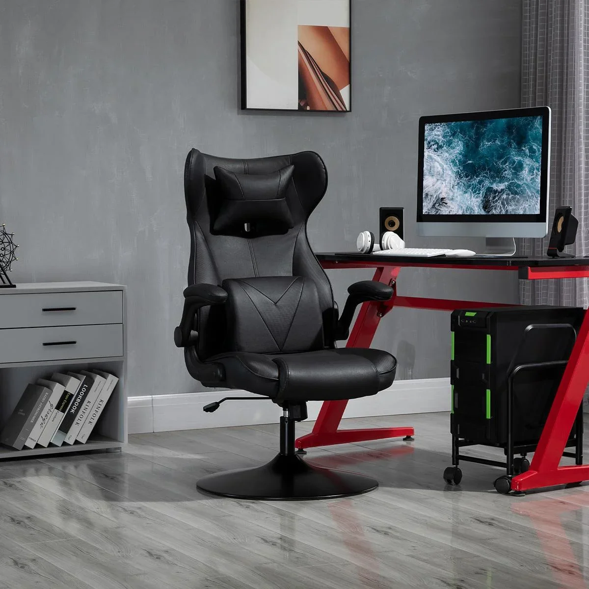 Gaming Stuhl Ergonomischer Computerstuhl Bürostuhl Schreibtischstuhl mit Wippenfunktion und Lendenkissen Drehstuhl höhen - 2