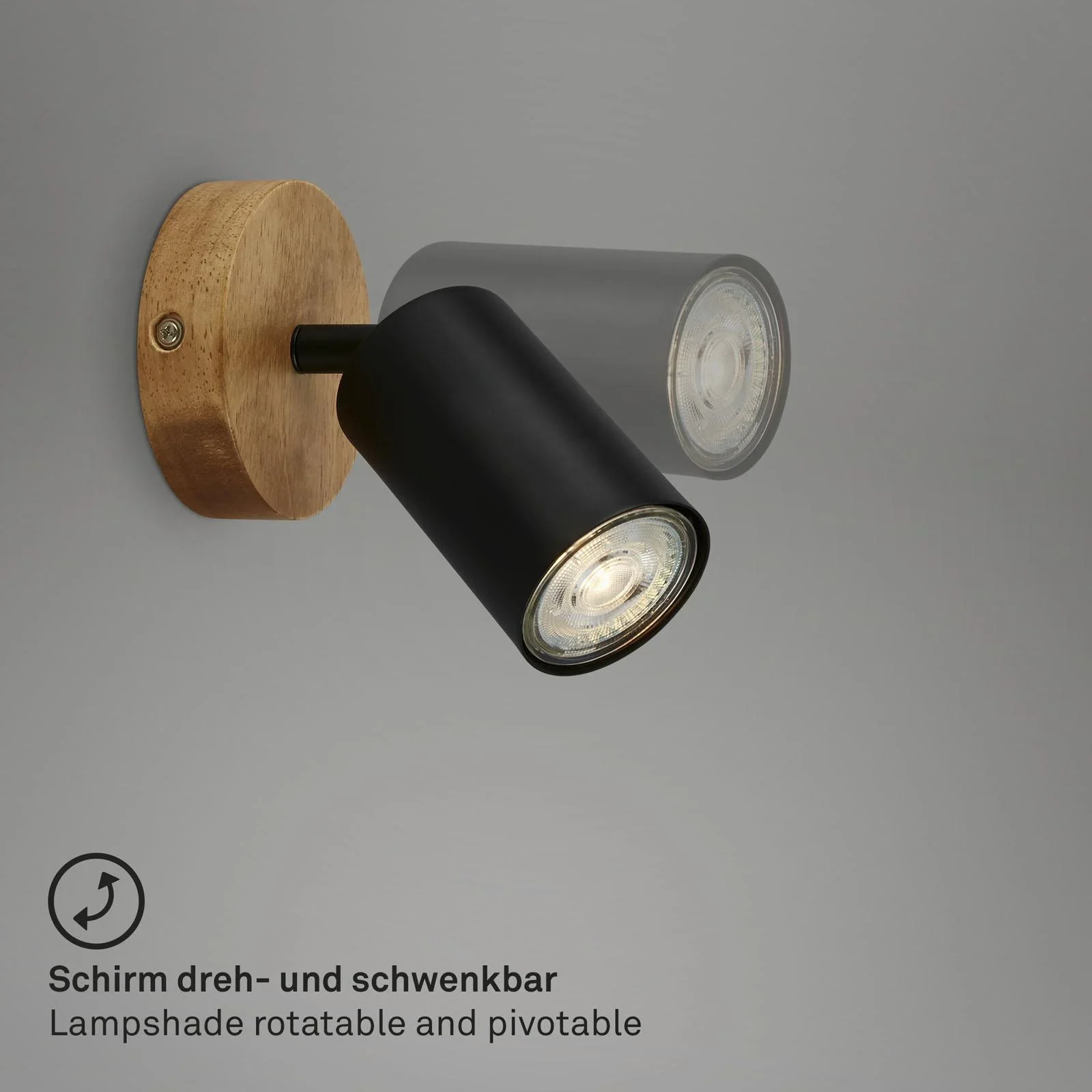 Vintage Spotleuchte 1-flammig, schwarz mit Holzbaldachin, GU10 Fassung - 4