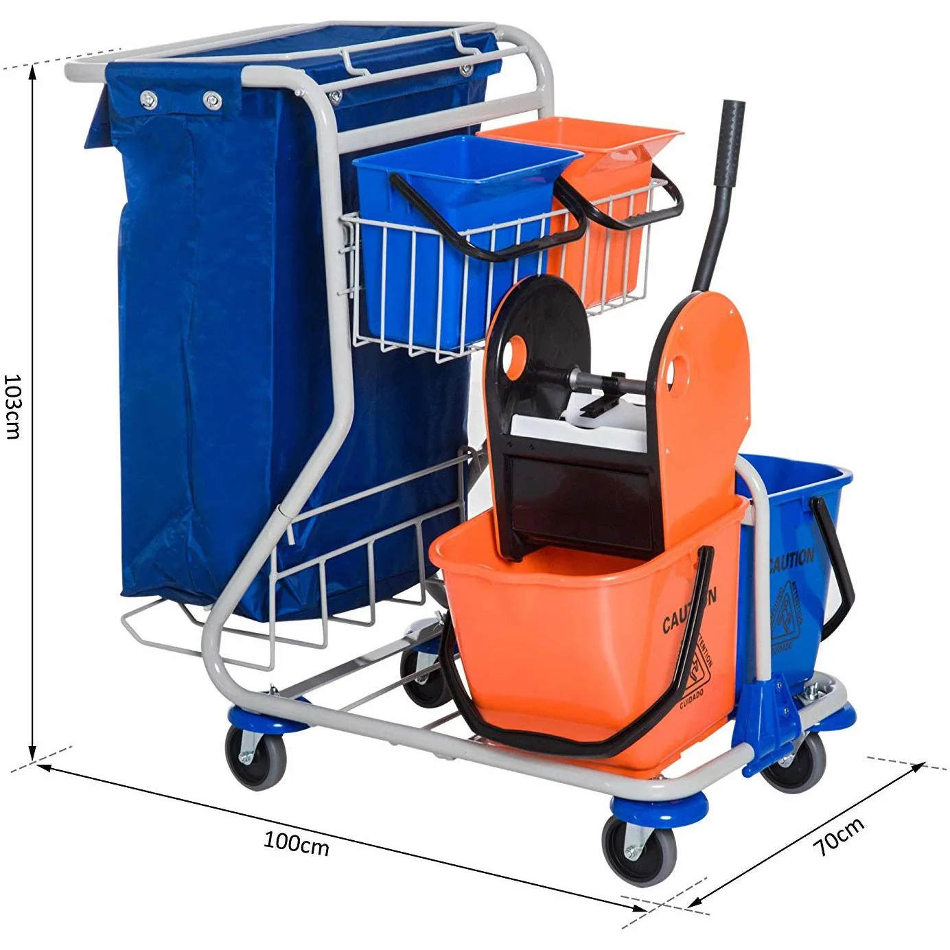 Putzwagen Reinigungswagen 4 Fahreimer mit Rollen Blau-Orange - 0