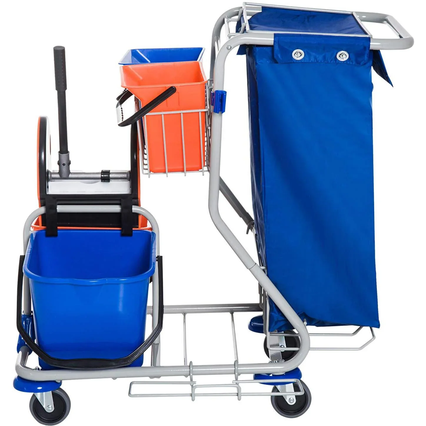 Putzwagen Reinigungswagen 4 Fahreimer mit Rollen Blau-Orange - 1