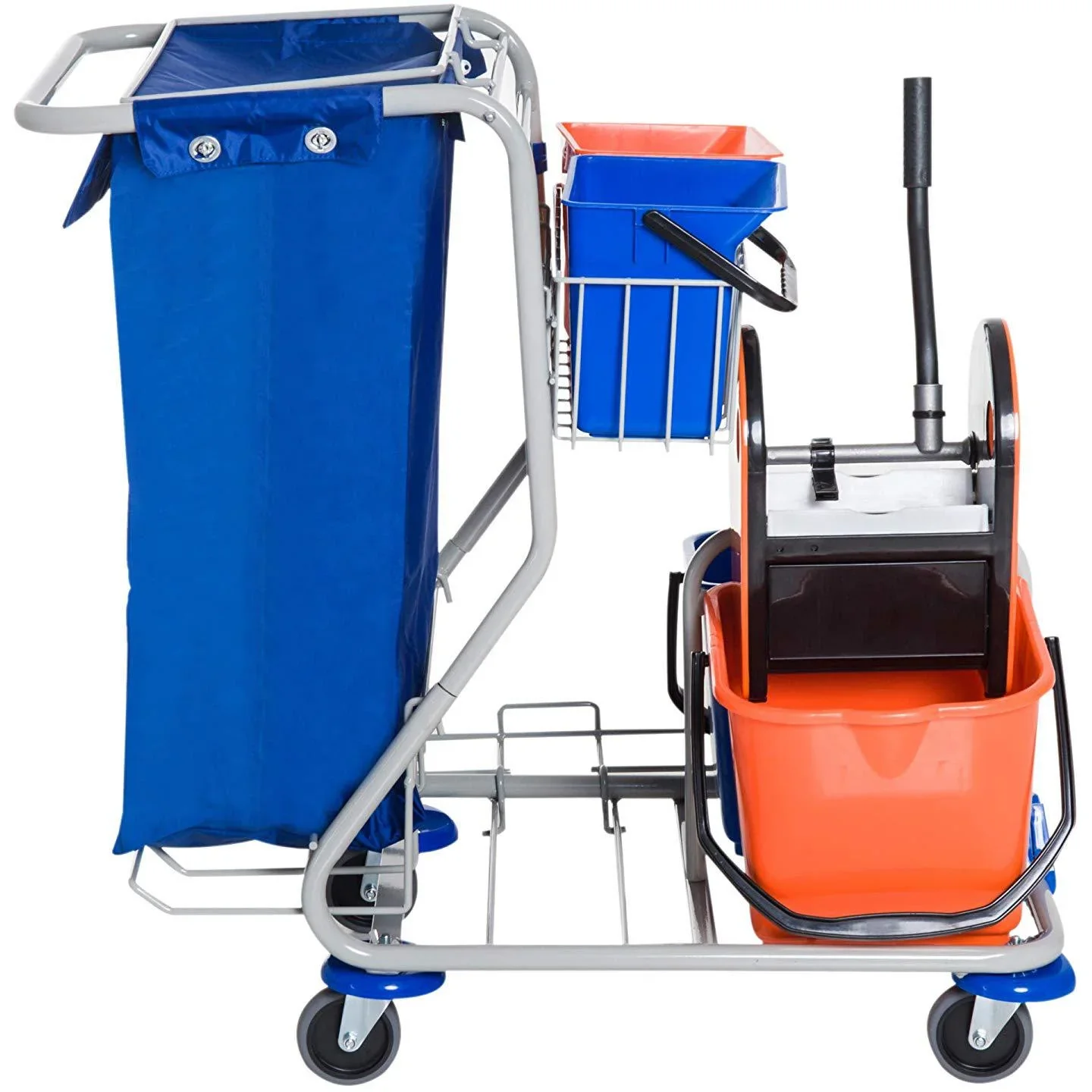 Putzwagen Reinigungswagen 4 Fahreimer mit Rollen Blau-Orange - 3