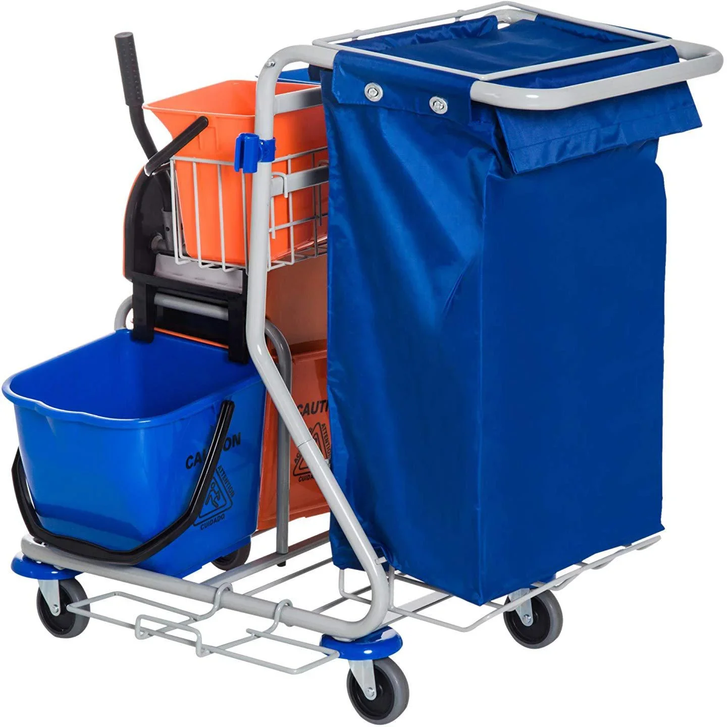 Putzwagen Reinigungswagen 4 Fahreimer mit Rollen Blau-Orange - 4