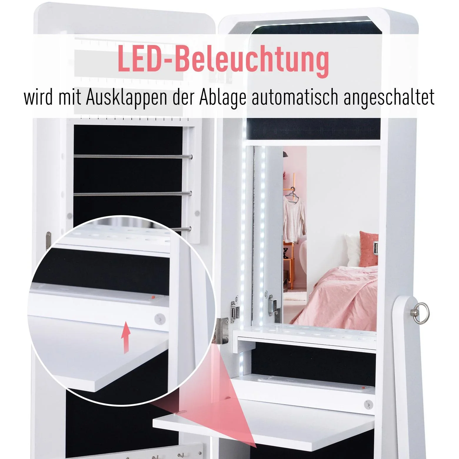 Spiegelschrank LED Schmuckschrank mit Innenspiegel klappbare Ablage Standspiegel Weiß - 0
