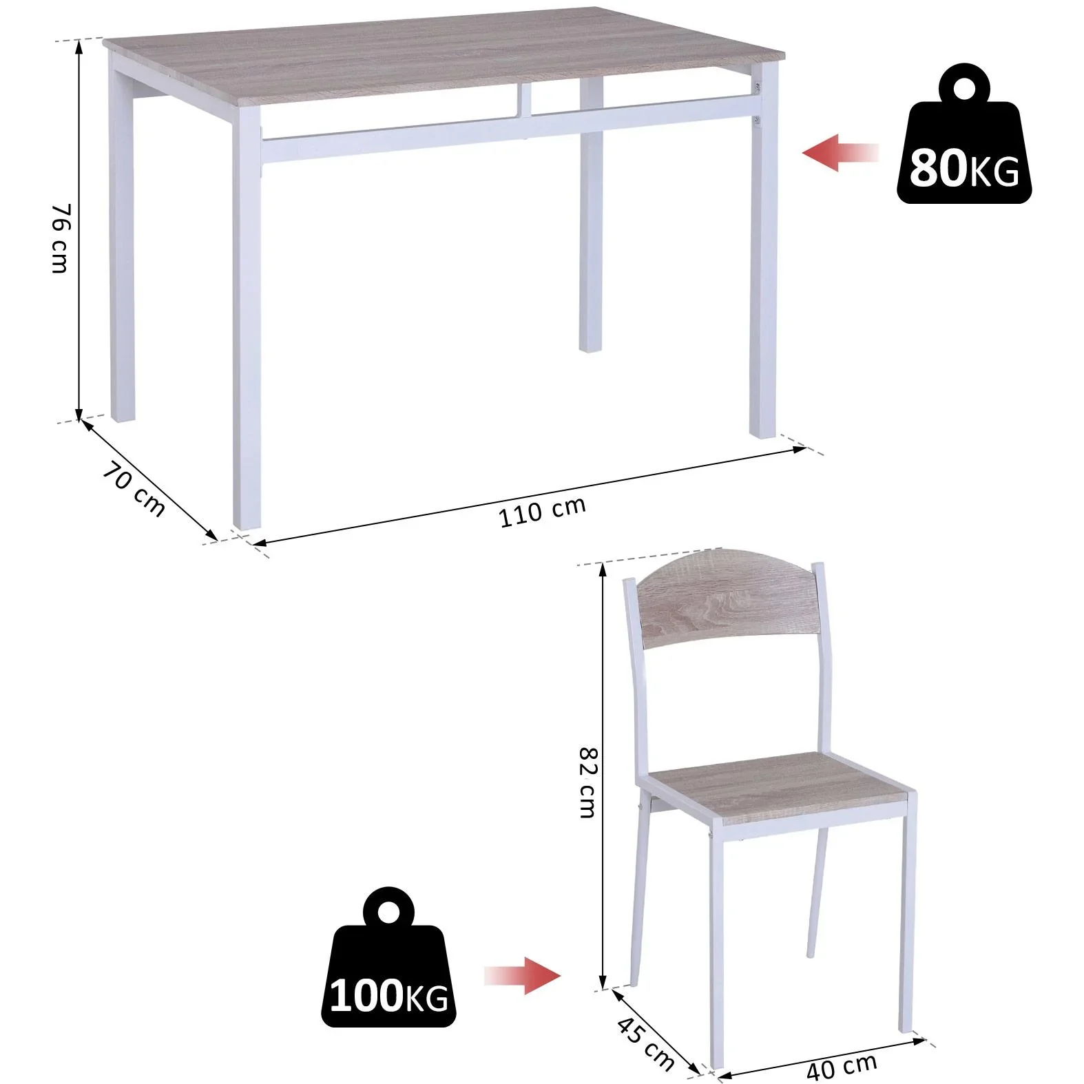 5-teilige Essgruppe Sitzgruppe Esstisch Set Holzmaserung MDF + Metall Grau + Weiß mit 1 Tisch + 4 Stühlen - 1