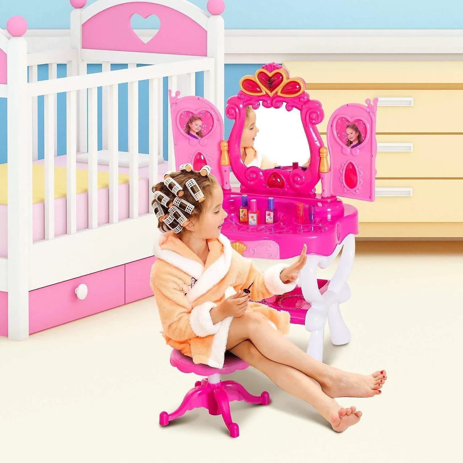 Schminktisch Kinder Frisiertisch mit Stuhl Fotorahmen Musik und Licht Rosa - 0