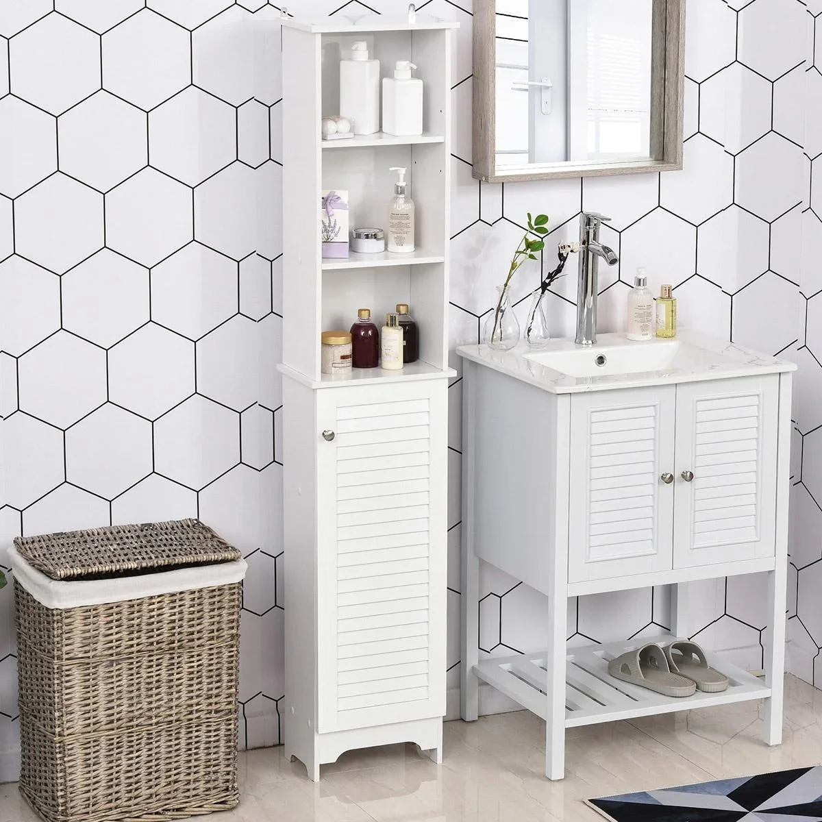 Badezimmerschrank mit höhenverstellbarem Regal Badmöbel mit Lamellentür Badezimmer-Hochschrank MDF Spanplatte Weiß 34 x - 1