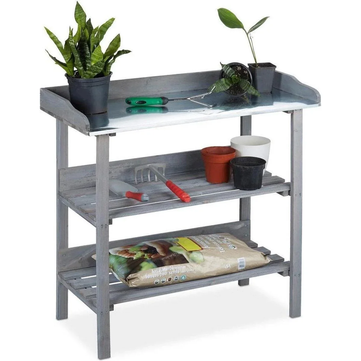 Garten Pflanzgefäß mit Zinkblatt und Holzablage - Gartentisch - Anthrazit - 78 x 38 x 86 cm - 0