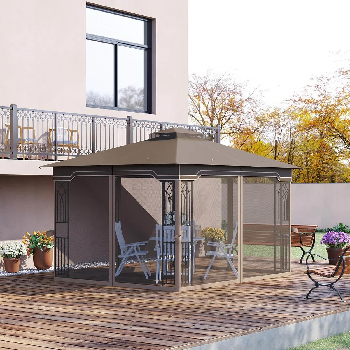 Gartenlaube mit Schirm - Braun/Beige - 3,7 x 3 m - 1
