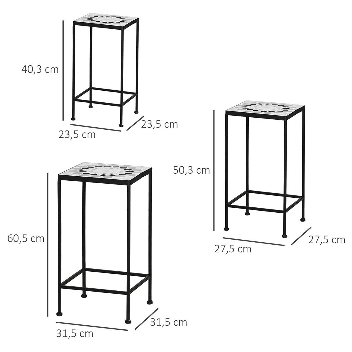 Blumenständer 3er Set aus Metall keramische Fliesen Stapelbar Pflanzenhocker für Blumentopf Schwarz+Weiß - 0